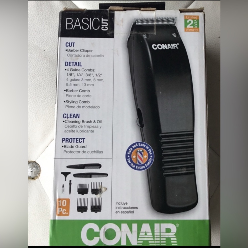 Con-air Basic Cut Barber Clipper Black NWT . Has 10 styling tools to help cut